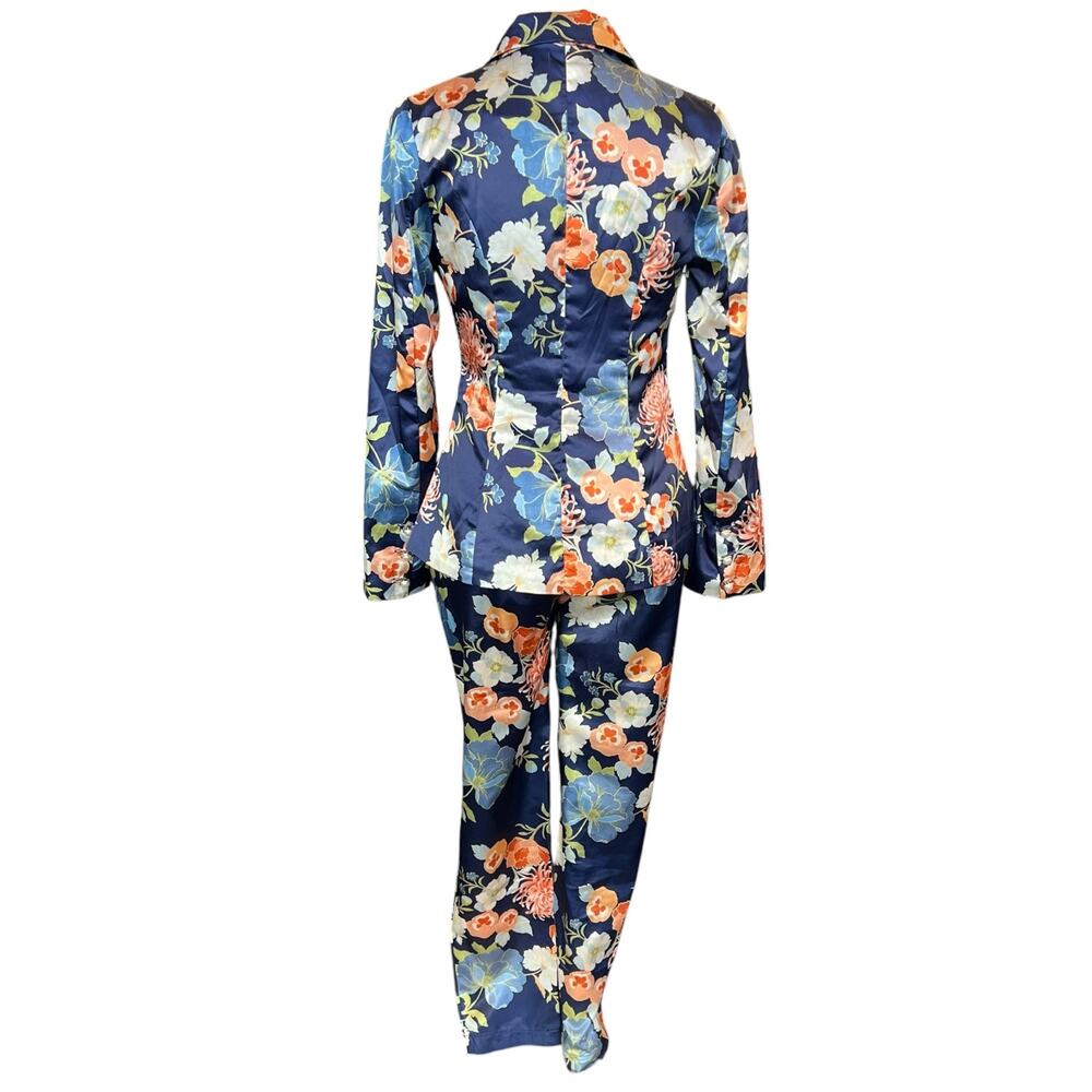 The Sang XS Floral Blazer Pants Suit Set Navy Blue Career Wedding Outfit GUC - Picture 4 of 11